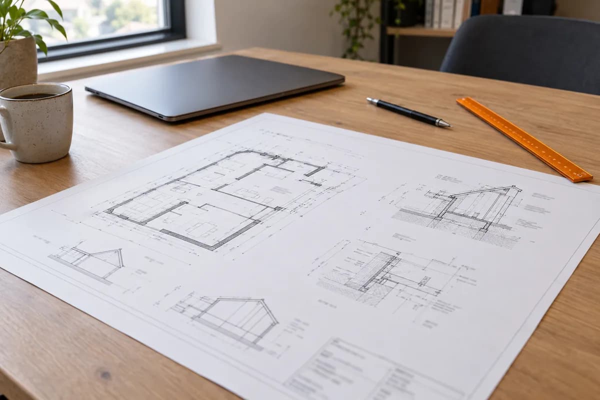 Uitgeprinte werktekening met details en maatvoering op een bureau