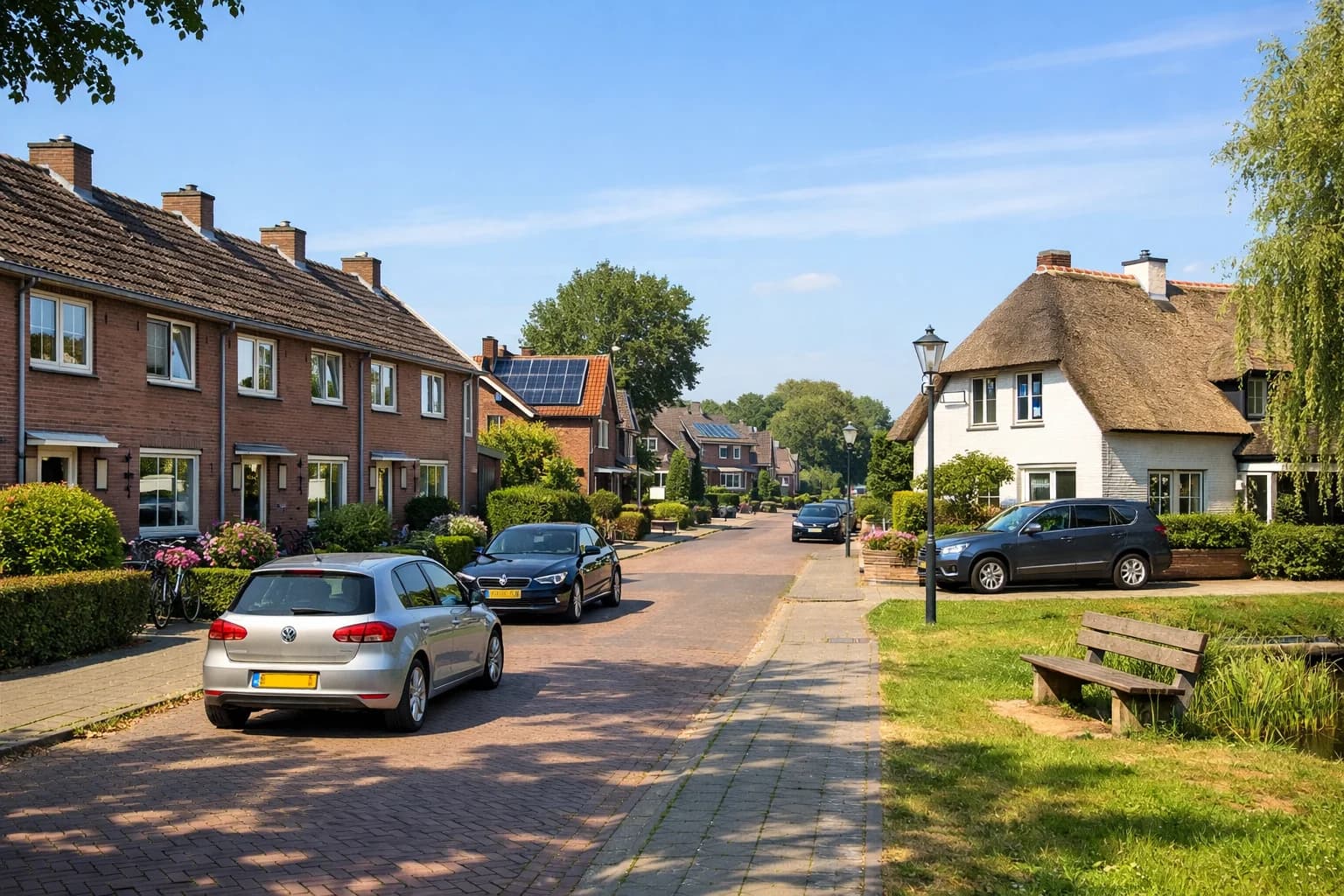 Straat met rijtjeshuizen en een vrijstaande woning met rieten dak