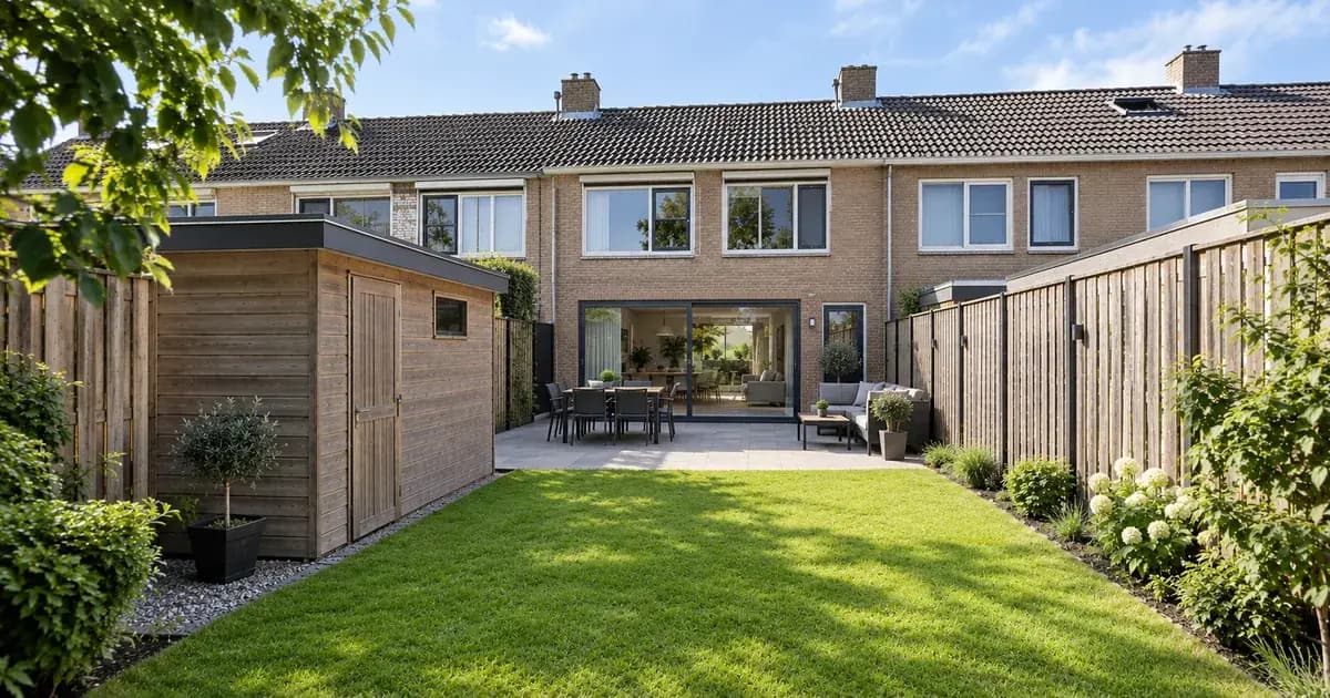 Achtertuin van een rijtjeswoning met een houten schuur, gazon en terras