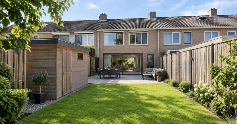 Achtertuin van een rijtjeswoning met een houten schuur, gazon en terras
