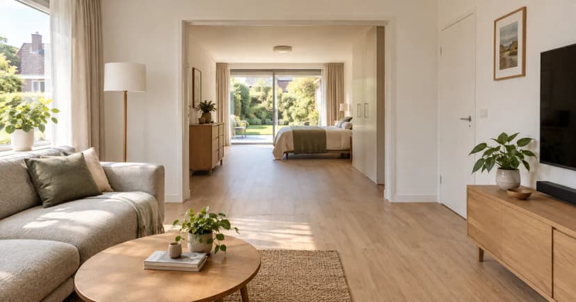 Woonkamer met drempelvrije doorgang naar een slaapkamer op de begane grond met schuifpui naar de tuin