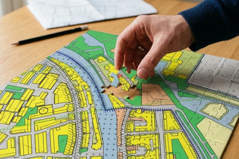 Hand legt een puzzelstuk in een plankaart van het omgevingsplan met gekleurde bestemmingsvlakken