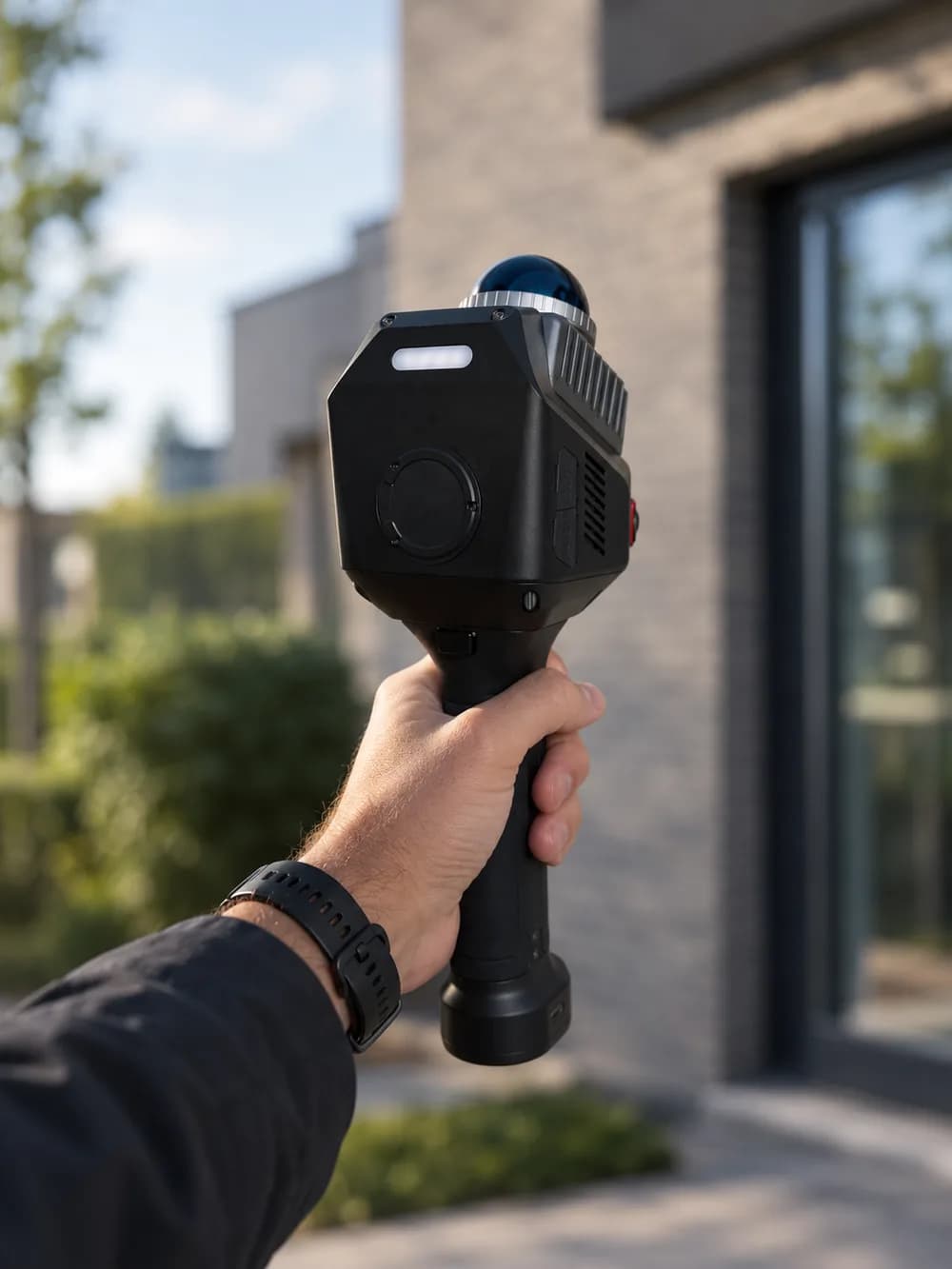 Hand houdt een LiDAR-handscanner omhoog voor de gevel van een woning