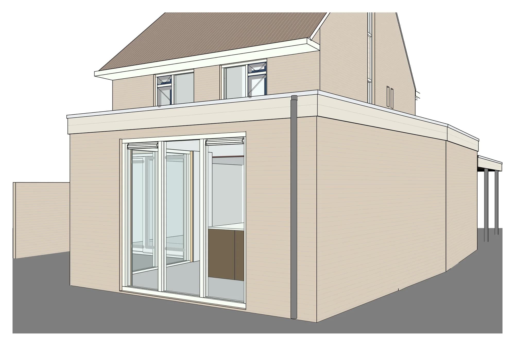 3D-weergave van de aanbouw vanuit de tuin gezien