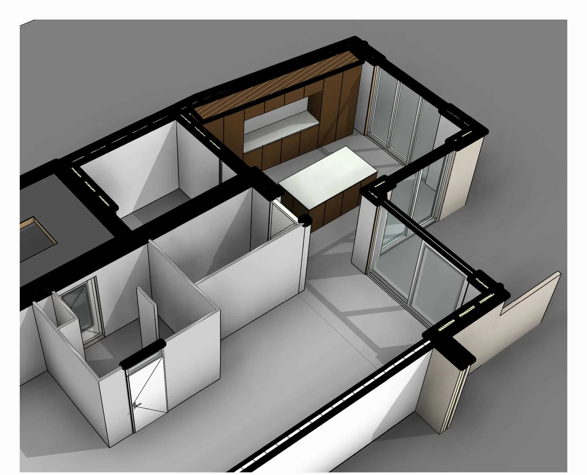 3D-doorsnede van de indeling met de nieuwe leefkeuken en de berging