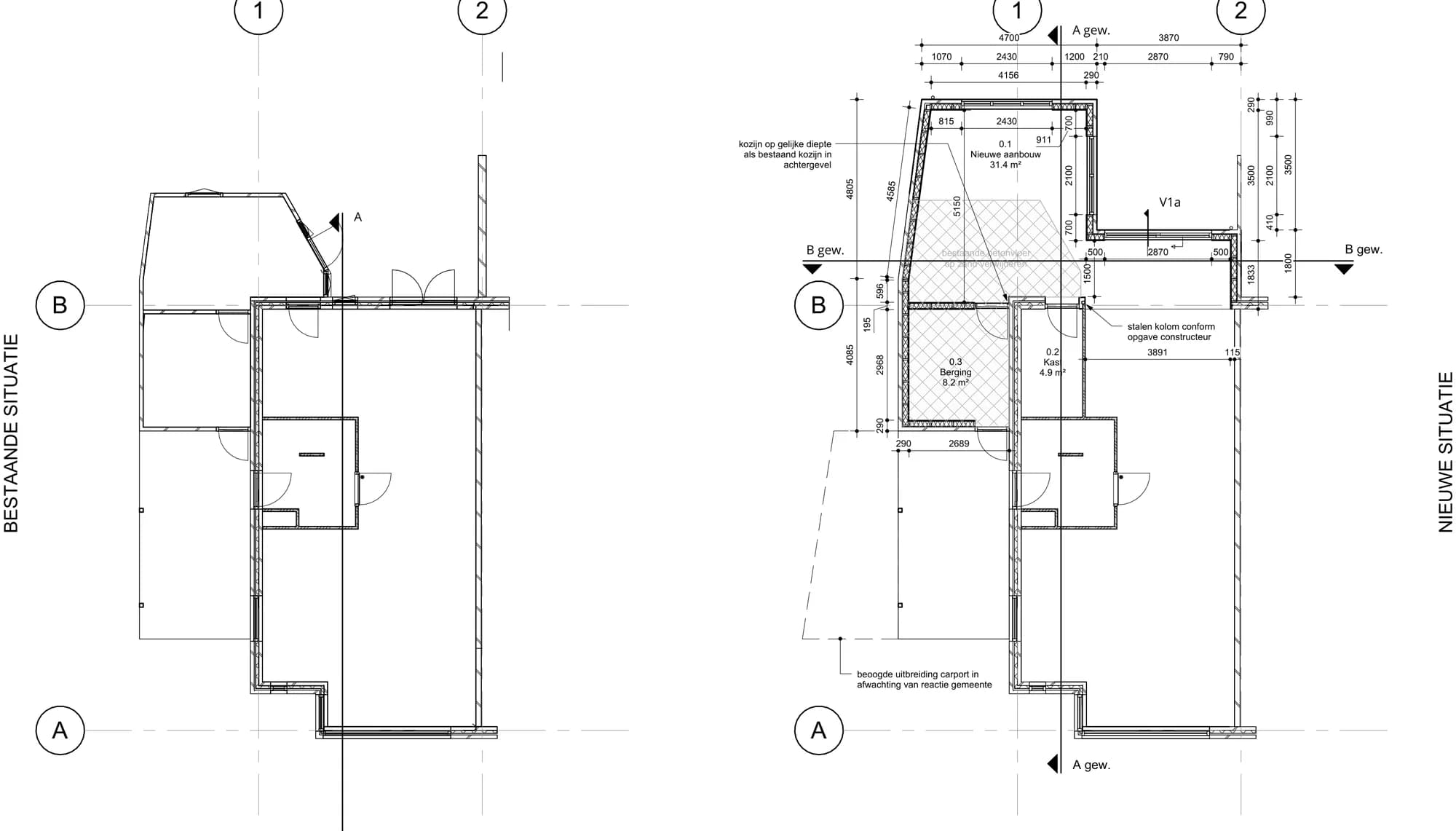 Plattegrond van de woning met aanbouw, bestaande en nieuwe situatie naast elkaar