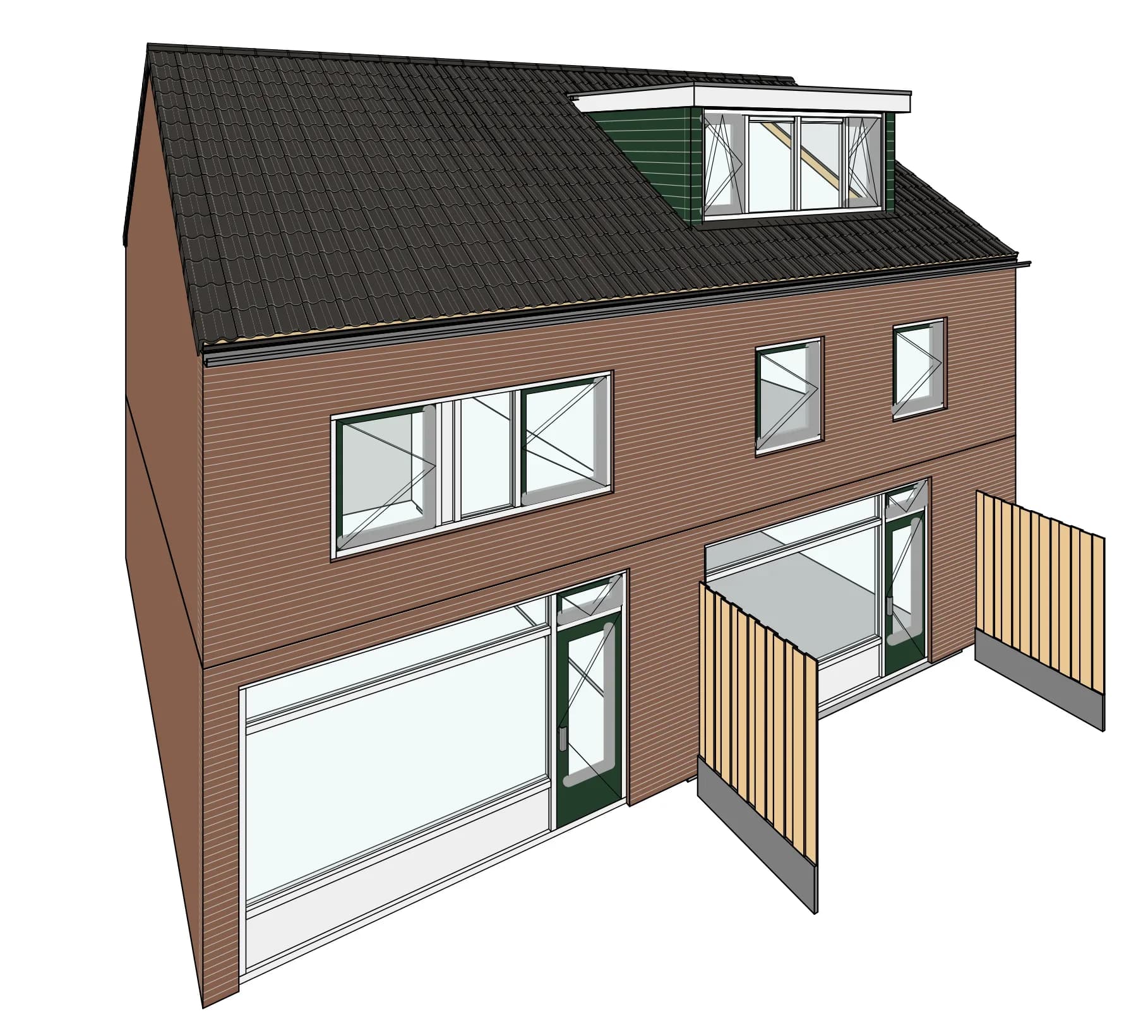 3D-weergave van de woning met de nieuwe dakkapel op het achterdakvlak