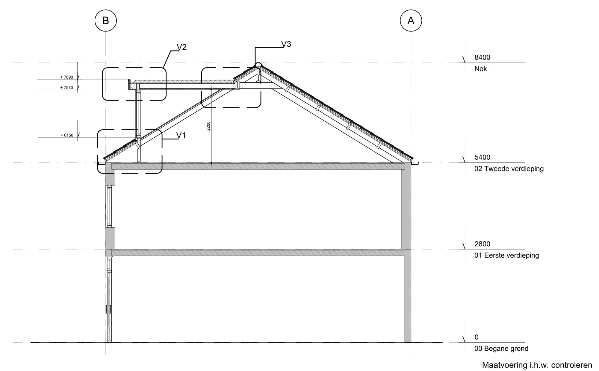 Doorsnede van de woning met de dakkapel en de vrije hoogte van 2200 mm