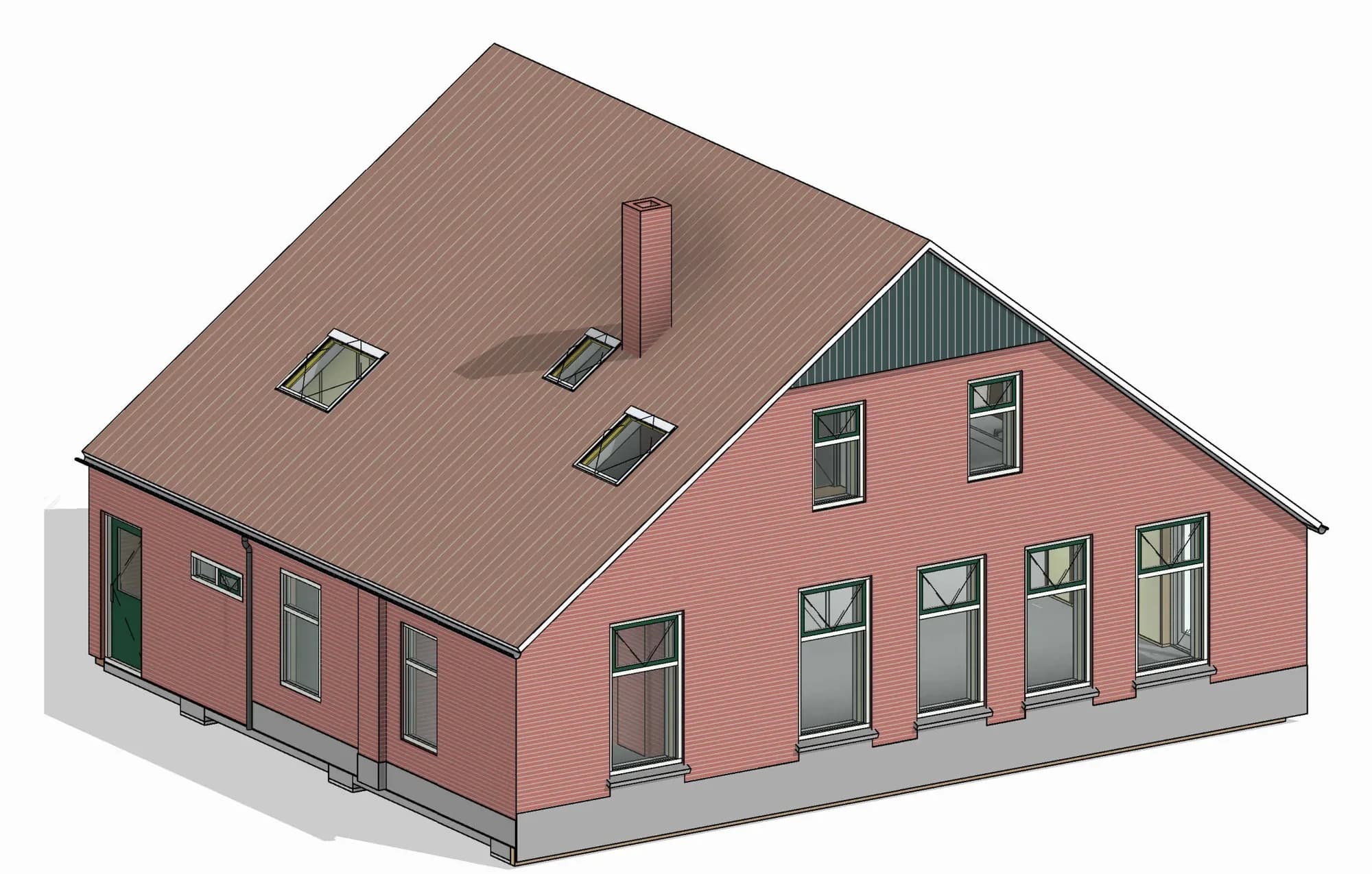 3D-model van de verbouwde woonboerderij met nieuwe dakramen en kozijnen