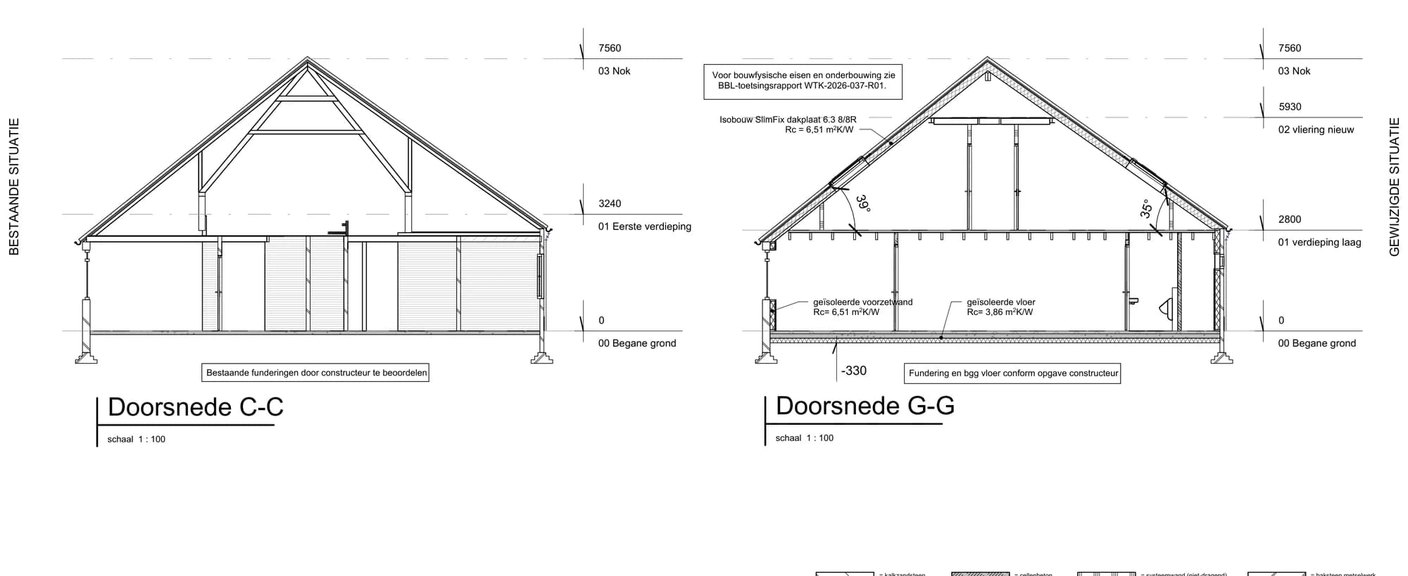Doorsneden van de woonboerderij, bestaande en nieuwe kapconstructie