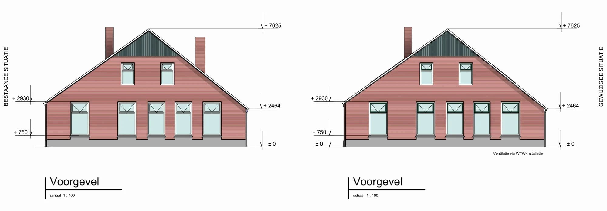 Voorgevel van de woonboerderij, bestaande en nieuwe situatie