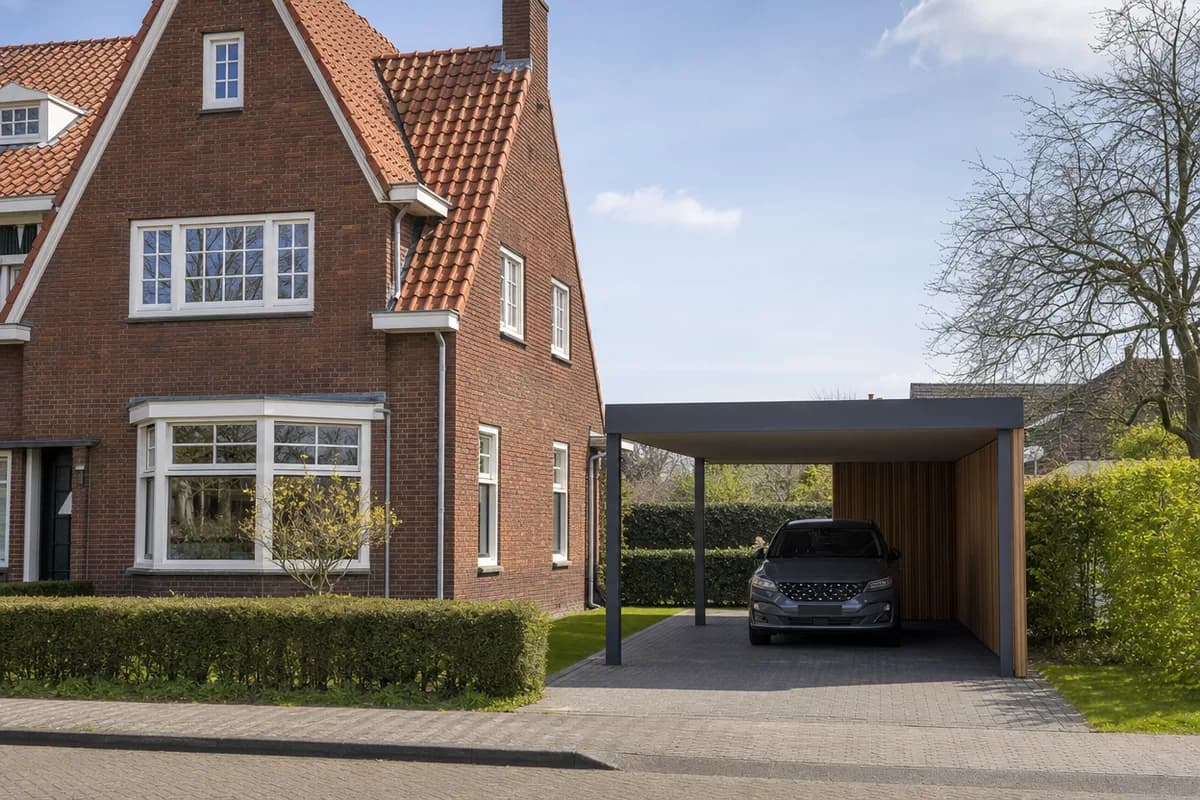 Afgewerkte carport met strakke dakrand naast een bakstenen woning
