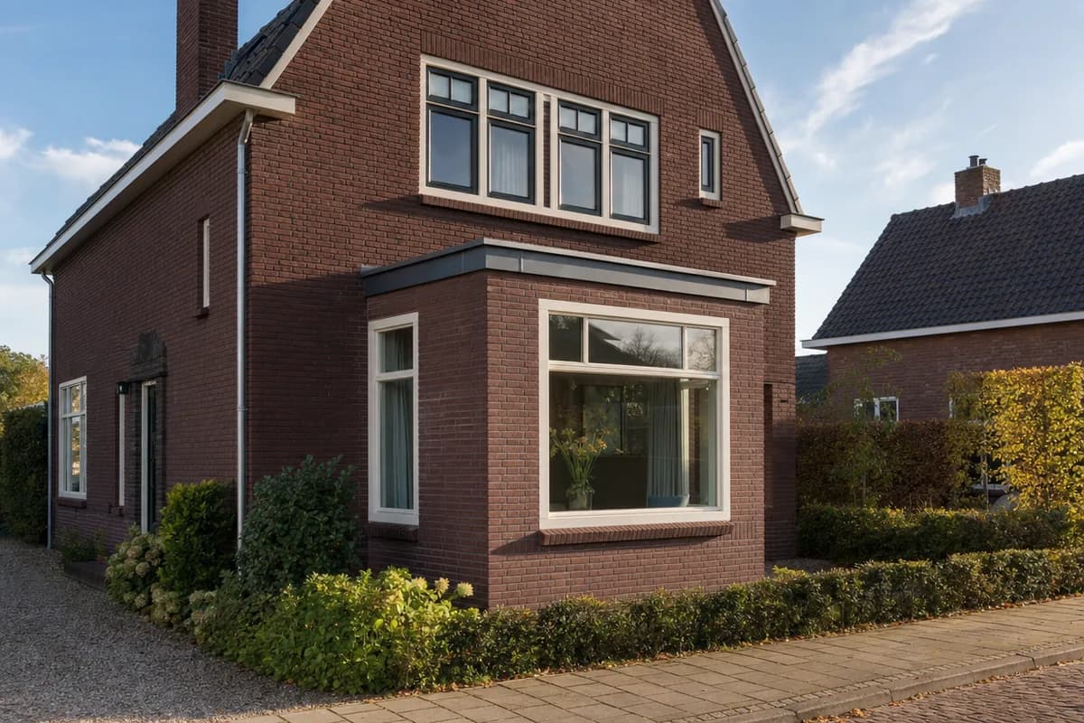 Erker met kozijnen aan de voorgevel van een vrijstaande woning