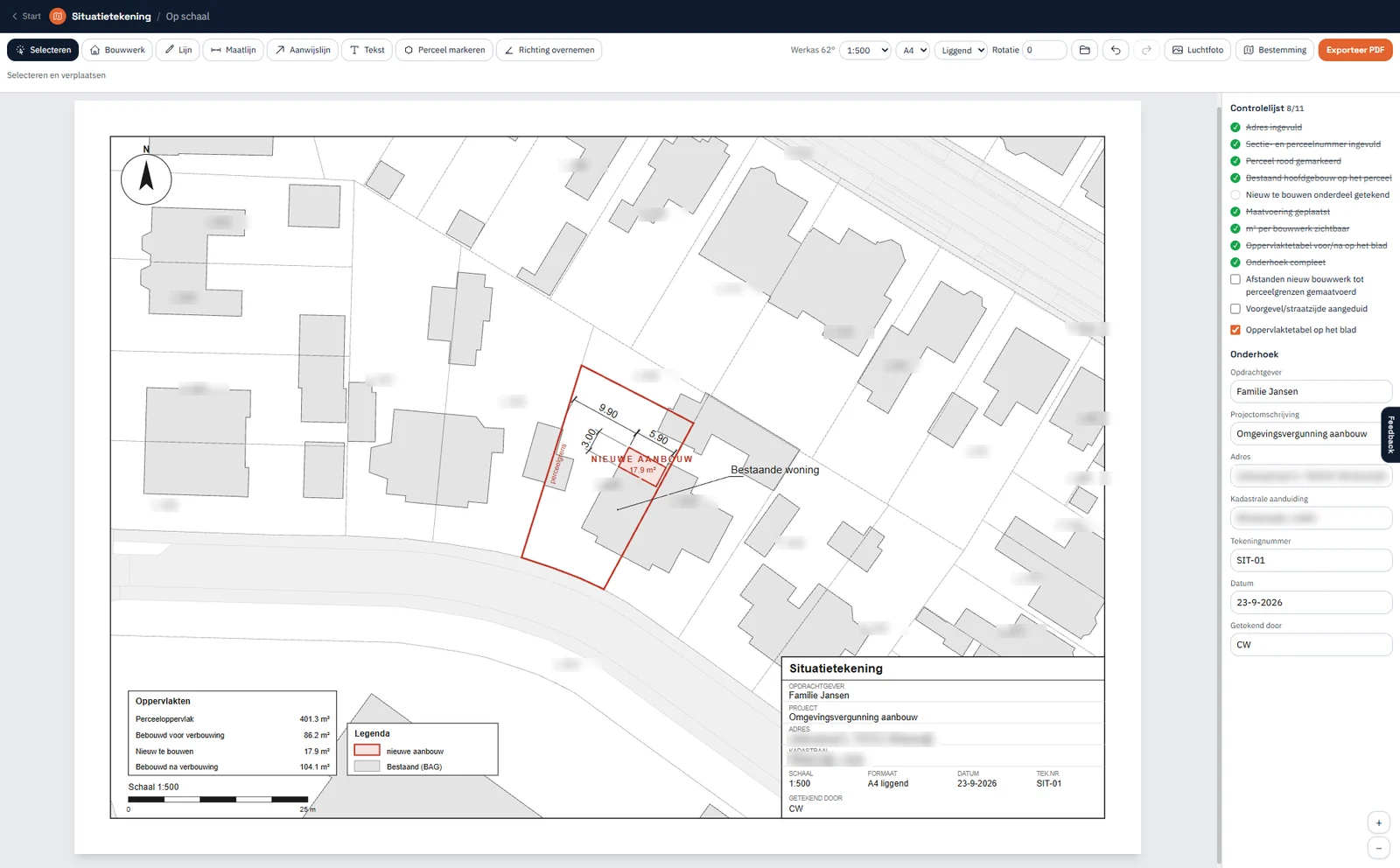 Situatietekening in de tool van vergunningcheck.ai, met het perceel, de nieuwe aanbouw, maatvoering en een ingevulde onderhoek