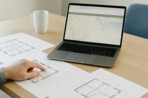 Laptop met gemeentelijke plattegrond en bouwtekeningen op tafel – illustratie bij blog over bouwtekening opvragen bij de gemeente.