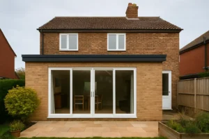 Achteraanzicht van een woning met een moderne uitbouw aan de achterkant, voorzien van grote schuifpuien en een strakke tuin, gefotografeerd op een heldere dag.