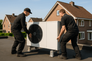 Vaklieden plaatsen een warmtepomp op een platdak.