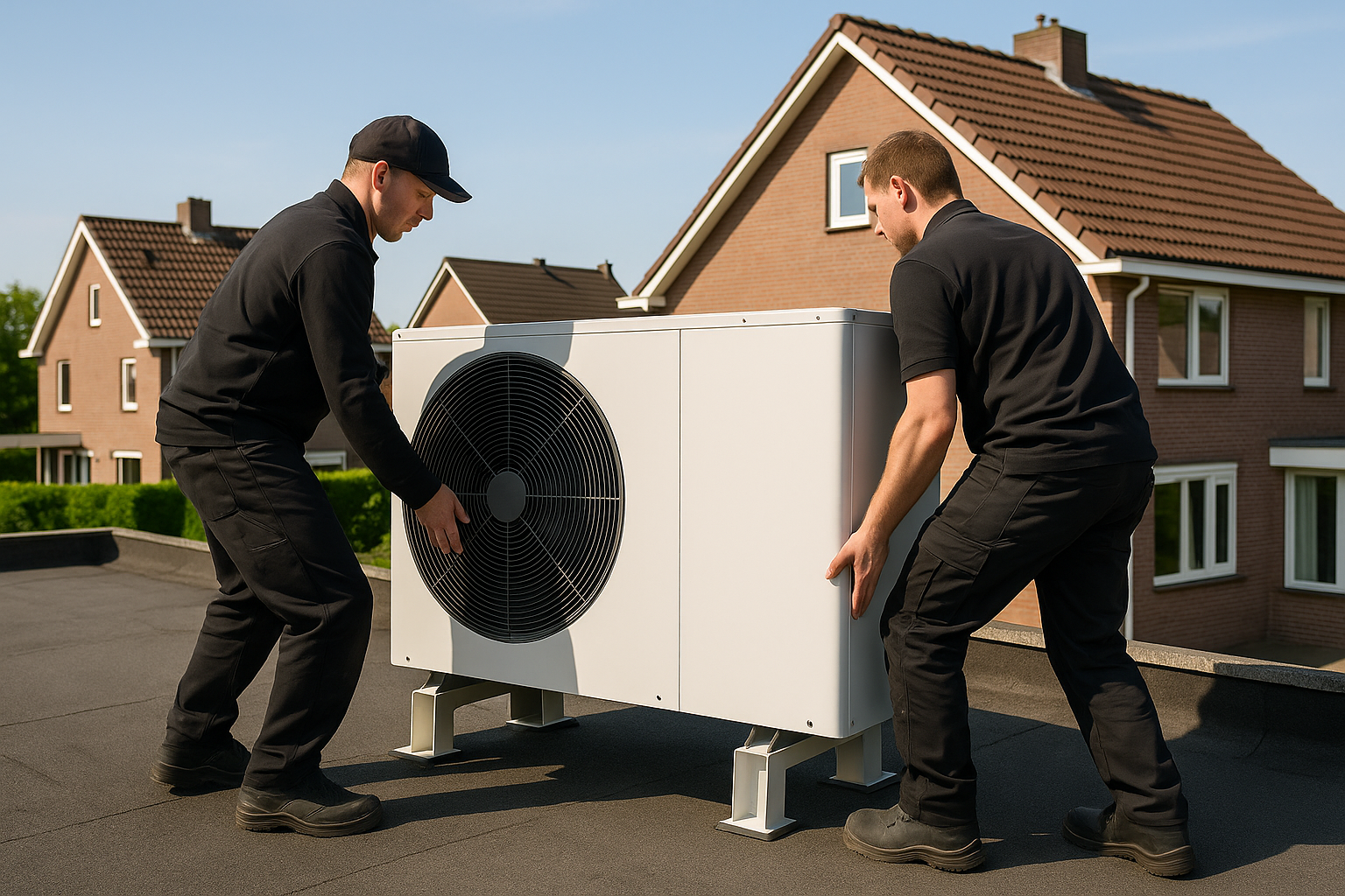 Vaklieden plaatsen een warmtepomp op een platdak.