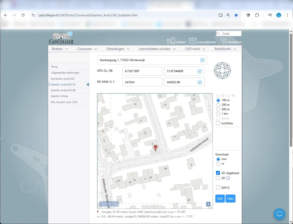 CADCollege kaartentool voor het downloaden van kadastrale gegevens voor AutoCAD situatietekening omgevingsvergunning