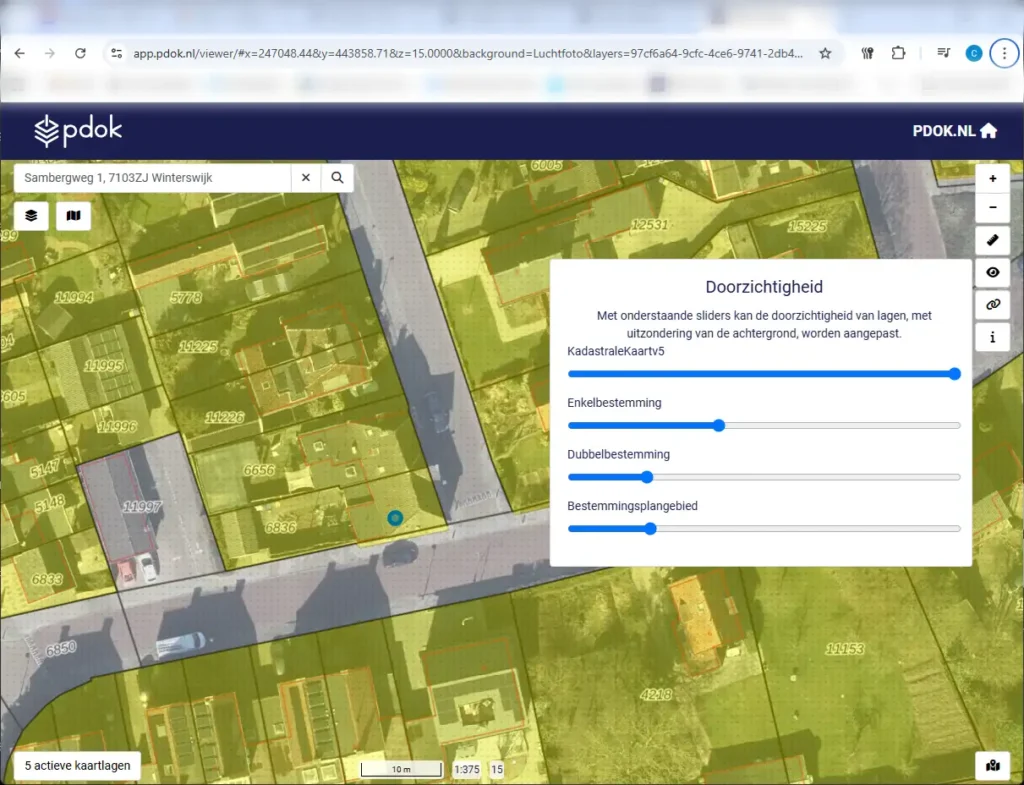 PDOK Viewer met kadastrale kaartlagen voor situatietekening omgevingsvergunning