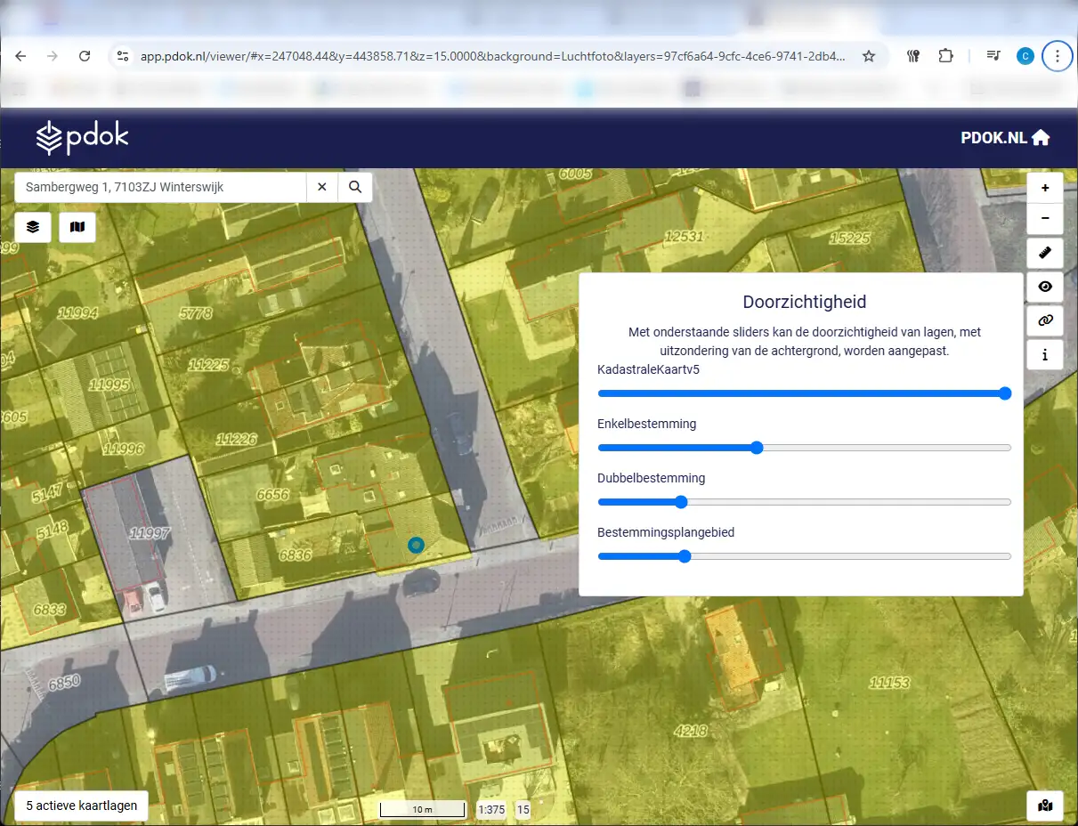 PDOK Viewer met kadastrale kaartlagen voor situatietekening omgevingsvergunning