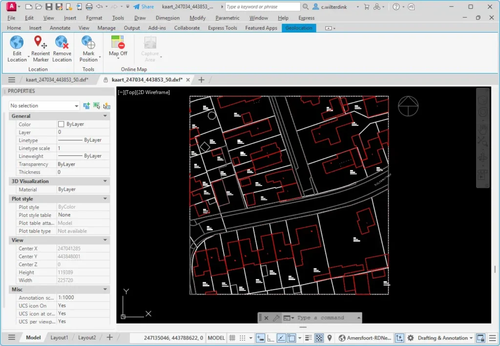 Voorbeeld van kadastrale kaart in AutoCAD gebruikt voor situatietekening omgevingsvergunning