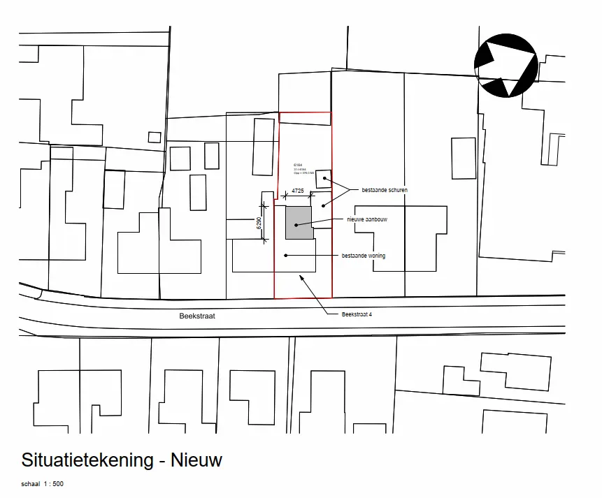 Voorbeeld situatietekening omgevingsvergunning met perceelgrenzen, bebouwing en schaal 1 op 500