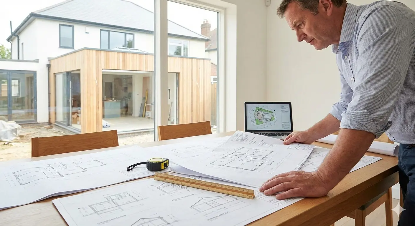 Bouwkundig adviseur controleert bouwtekening van aanbouw met woning en aanbouw op de achtergrond.