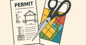 Schaar knipt vergunningsdocument in twee: technische bouwtekening links, bestemmingskaart rechts