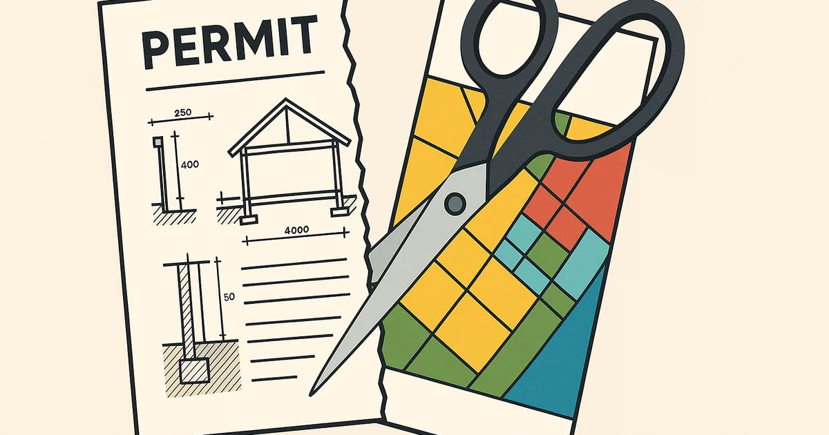 Schaar knipt vergunningsdocument in twee: technische bouwtekening links, bestemmingskaart rechts