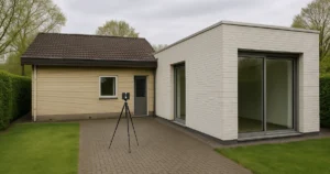 3D scanner op statief naast woning met aanbouw in de Achterhoek