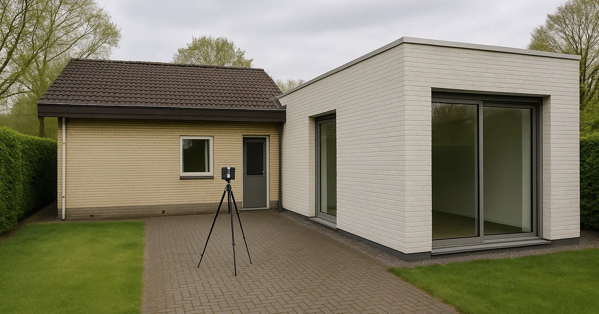3D scanner op statief naast woning met aanbouw in de Achterhoek