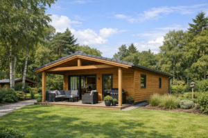 Houten chalet met overdekt terras op een recreatiepark in de Achterhoek